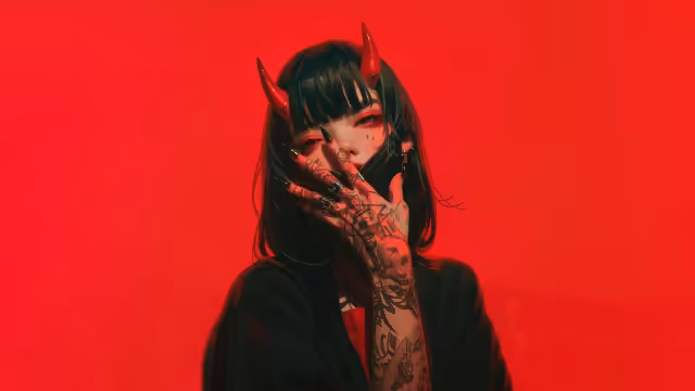 Anime Girl Red Background Horns
