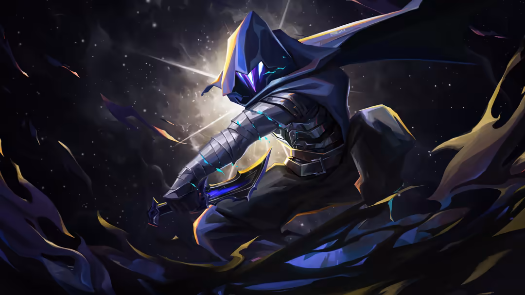 Dark armored gaming character Omen from Valorant with glowing blue and gold details, cosmic background with swirling energy e