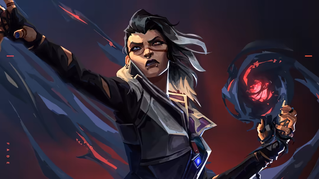 Fade character from Valorant game with black hair, sunglasses, and red glowing energy orb in hand against dark purple backgro