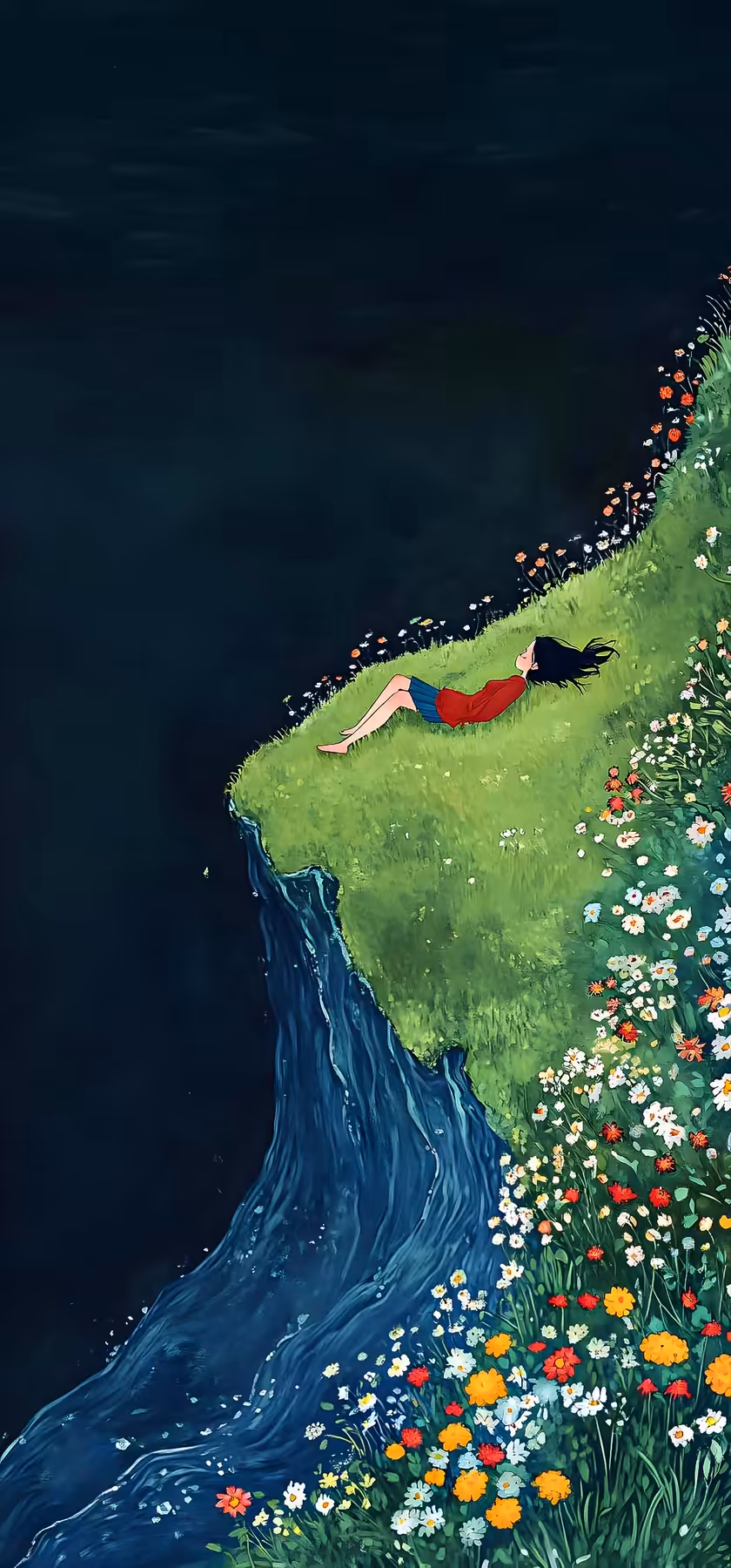 Woman Relaxing On Coastal Flower Meadow
