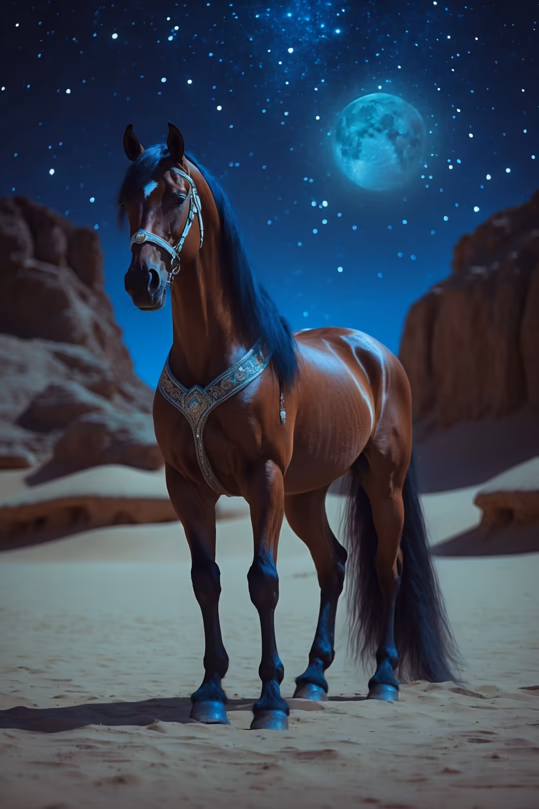 A magnificent brown horse with flowing mane stands in a desert canyon under a glowing cyan moon and starry night sky