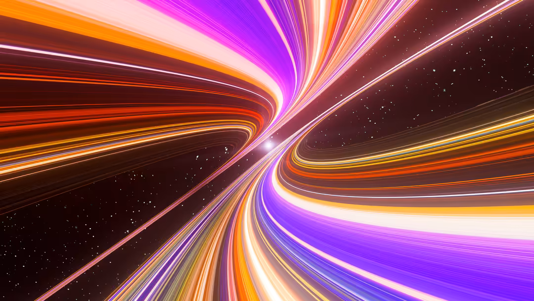 Vibrant neon light tunnel with purple, orange, and yellow streaks radiating outward through cosmic space with particles