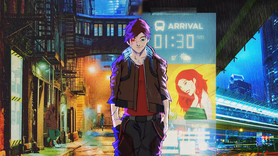 Anime character with purple hair in cyberpunk jacket standing before neon-lit urban alley with arrival sign and colorful digi