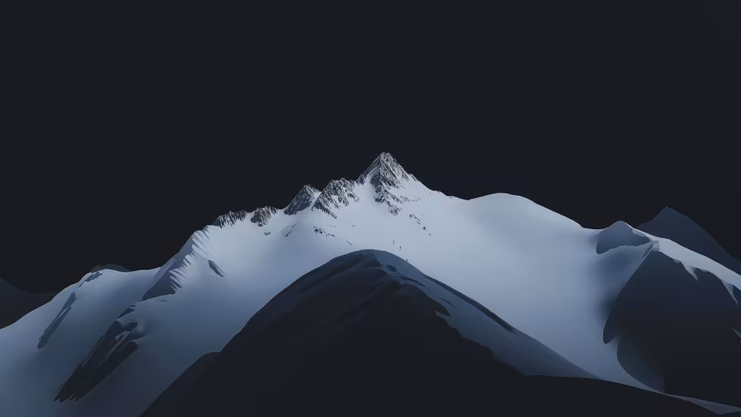 Snow-covered mountain peaks with sharp summits rising against a dark dramatic sky in a minimalist alpine landscape