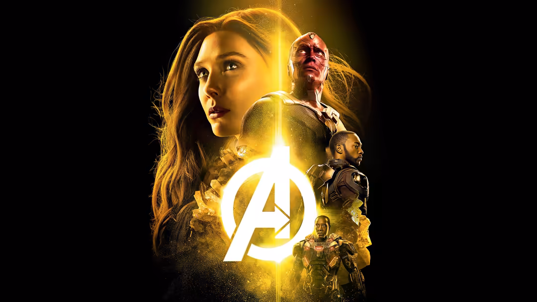 Scarlett Johansson surrounded by golden light with superhero logo and team members in dramatic heroic composition against dar
