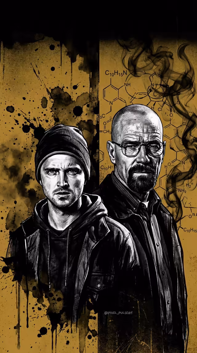 Two men in dramatic black and white sketch style against golden background with chemical formulas and ink splatter effects