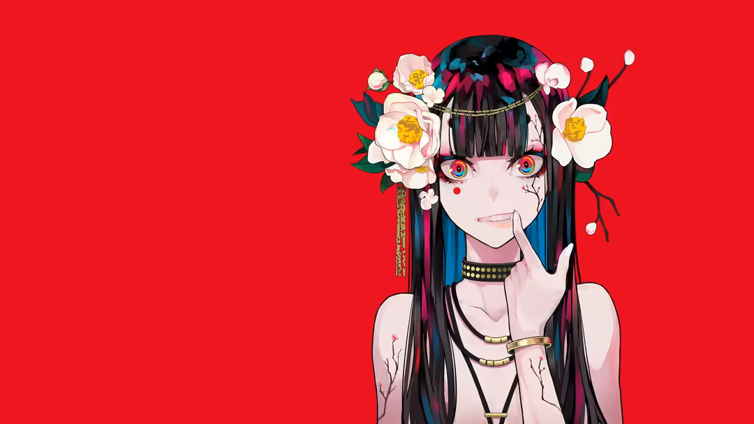 Anime girl with long black hair, vibrant red and blue eyes, white flowers adorning her head, wearing gold jewelry and choker,
