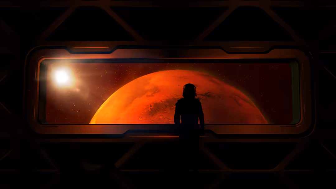 Silhouette of astronaut viewing a massive red planet through a futuristic spacecraft window with distant sun and starry space