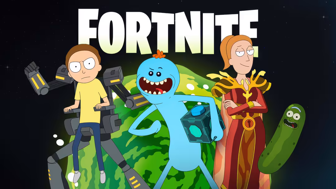Animated Fortnite characters in action poses with weapons and equipment against a starry night sky background with green isla