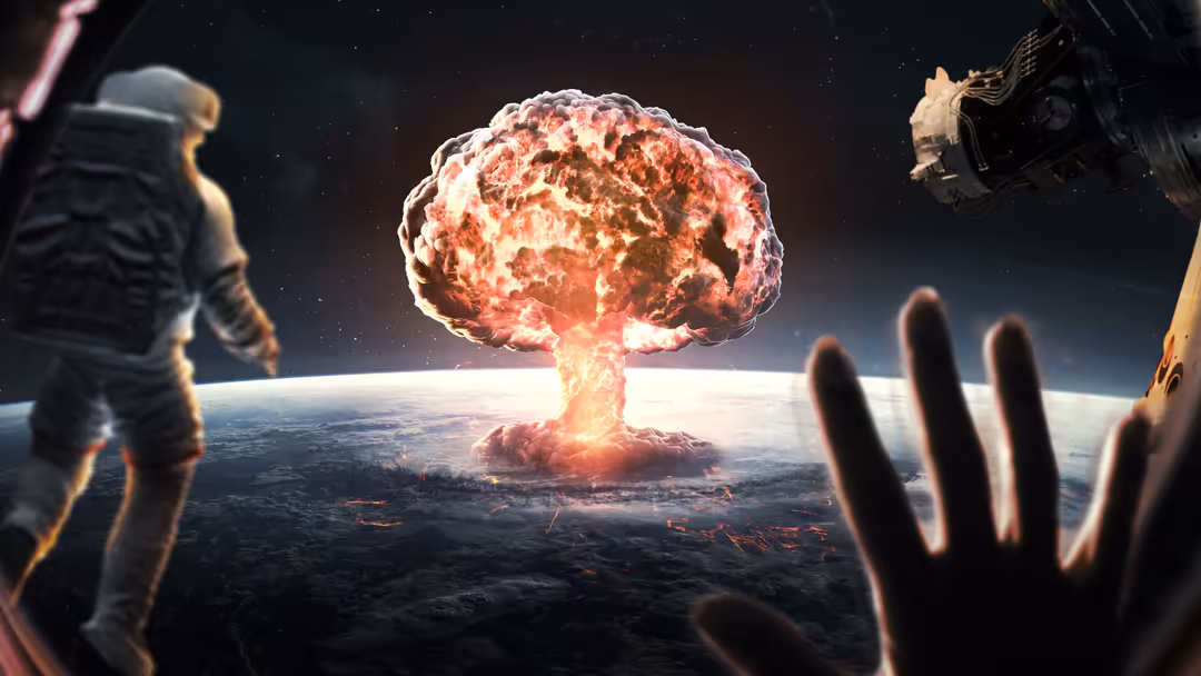 Astronauts observing a massive nuclear explosion mushroom cloud erupting from Earth's surface in space with cosmic debris and
