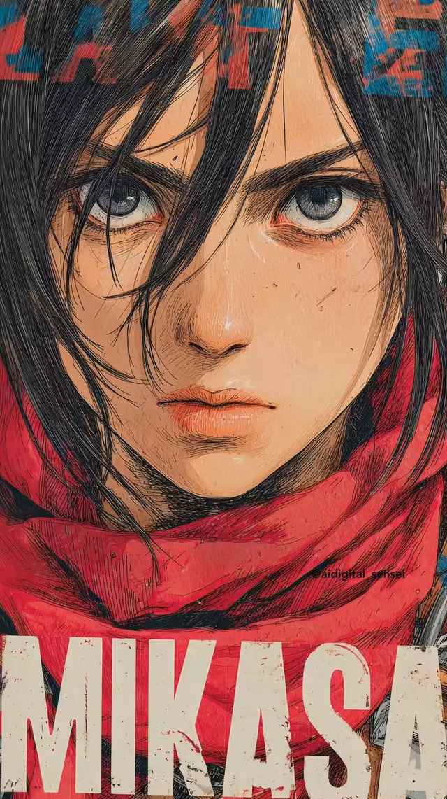 High-detail close-up illustration of Mikasa Ackerman's face with an intense gaze, featuring her red scarf and dark hair with textured line art.