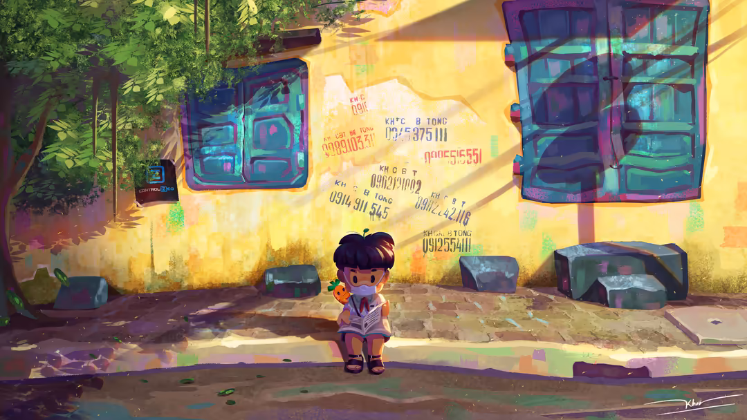 Cute illustrated child standing in vibrant neon-lit urban alley with yellow walls, purple windows, and glowing cyan accents c