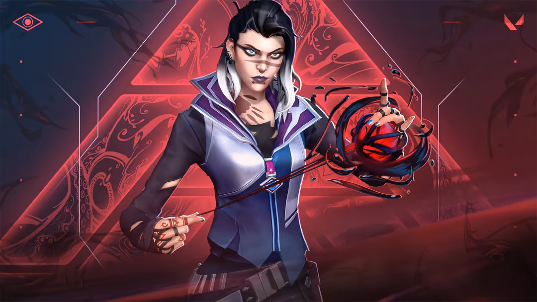 Fade from Valorant in neon red and purple lighting, holding glowing weapon with ornate background design