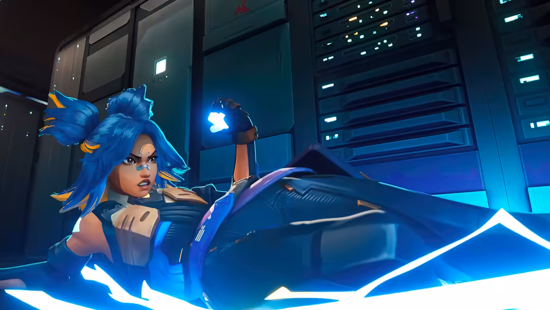 Cyberpunk-styled female character with vibrant blue hair holding a glowing weapon in neon-lit futuristic environment with blu