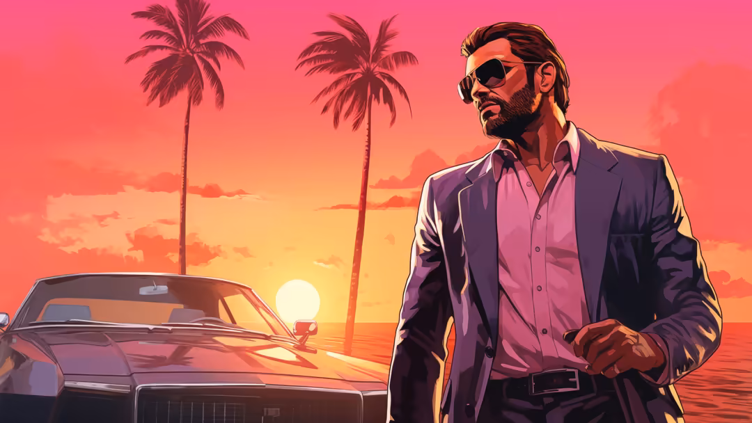 Stylized man in purple blazer and sunglasses standing beside vintage car with palm trees and vibrant sunset gradient backgrou