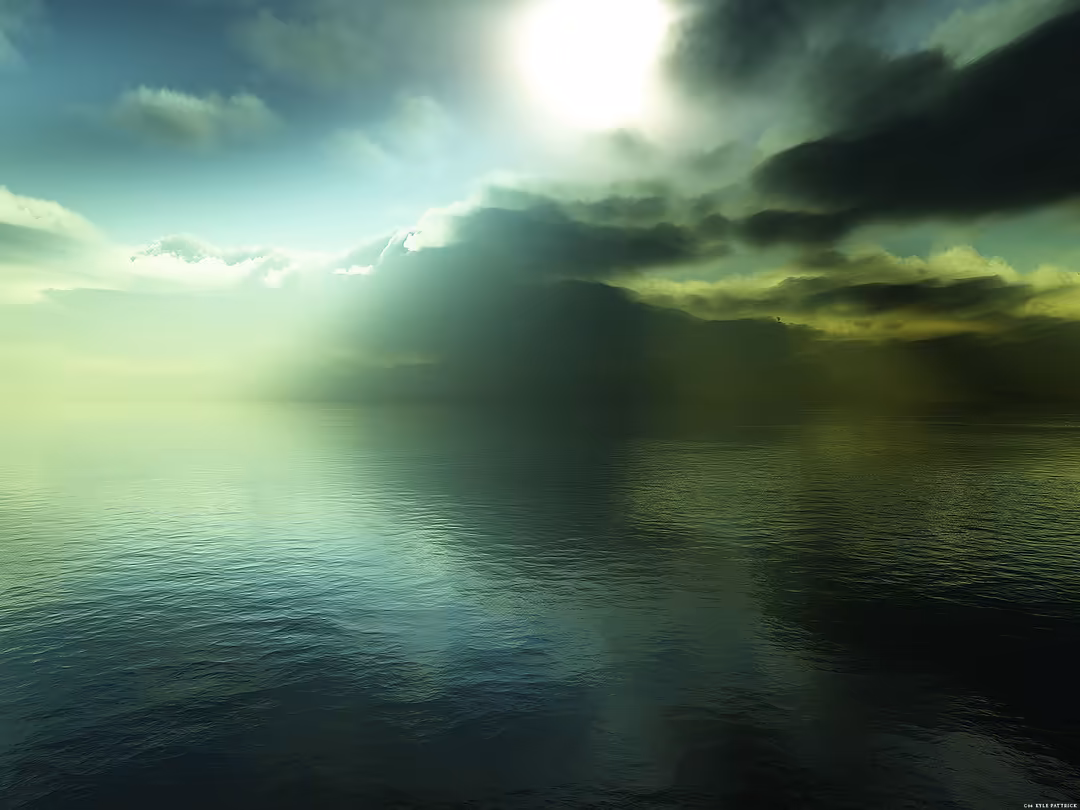 Misty mountain lake at sunset with dramatic cloudy sky, golden light breaking through green and teal tones creating a peacefu