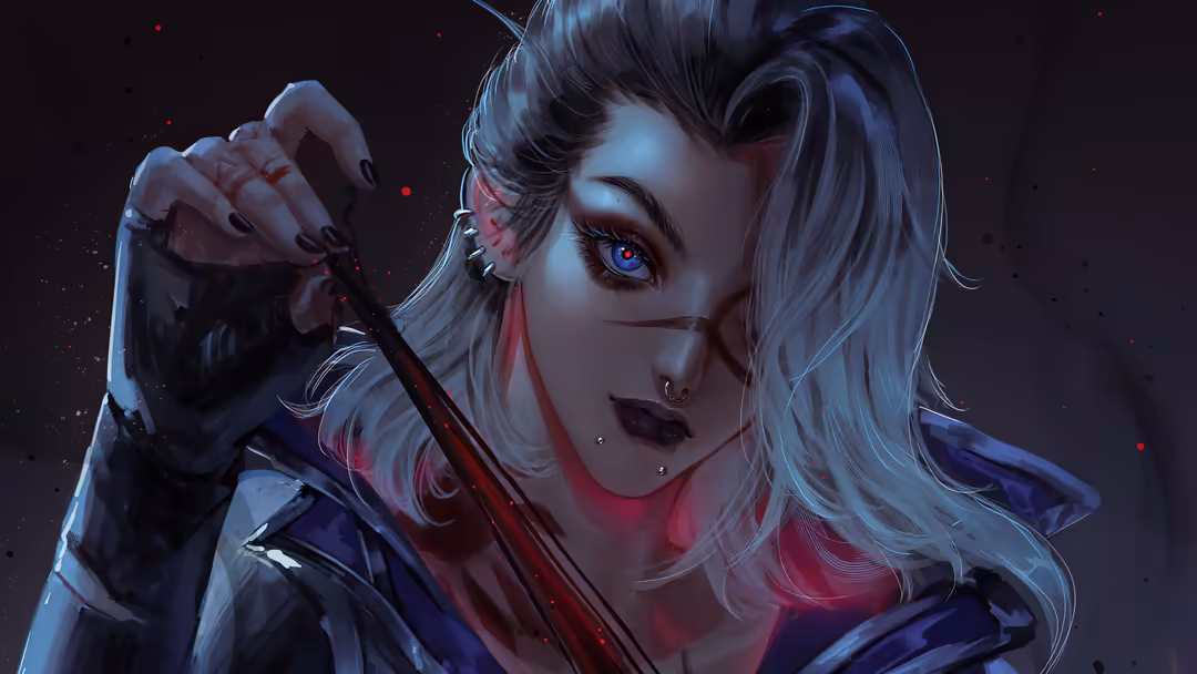 Anime-style illustration of Fade from Valorant with silver hair, blue eyes, holding a red weapon against a dark atmospheric b