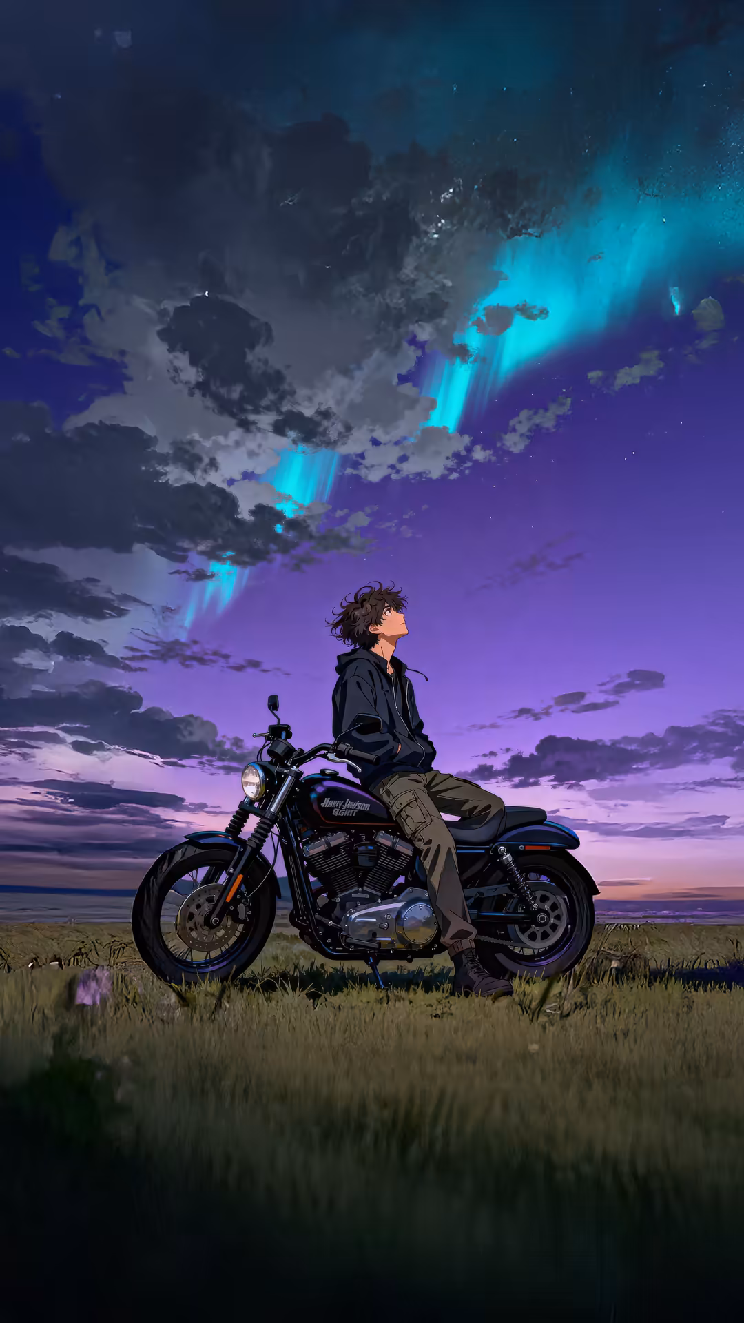 Rider on motorcycle in field gazing at neon cyan and purple aurora-like lights streaking across dramatic twilight sky
