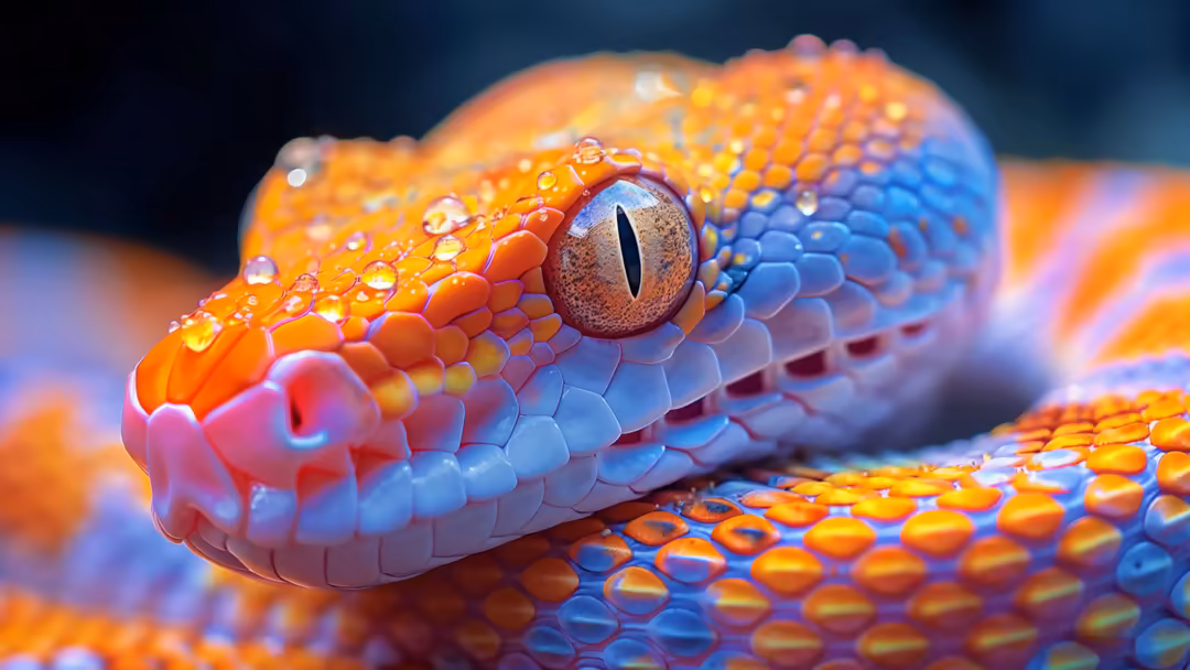 Close-up of a vibrant reptile head showing an intricate eye with golden scales, blue and orange coloring, and detailed textur