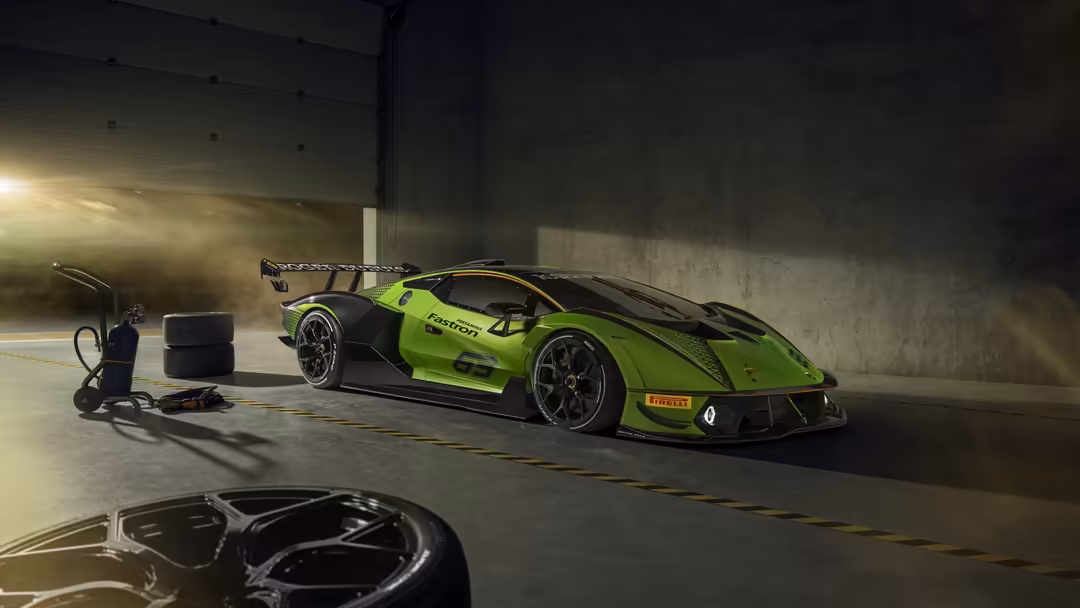 Lime green Lamborghini Essenza SCV12 racing supercar in a modern concrete garage with dramatic lighting and pit equipment