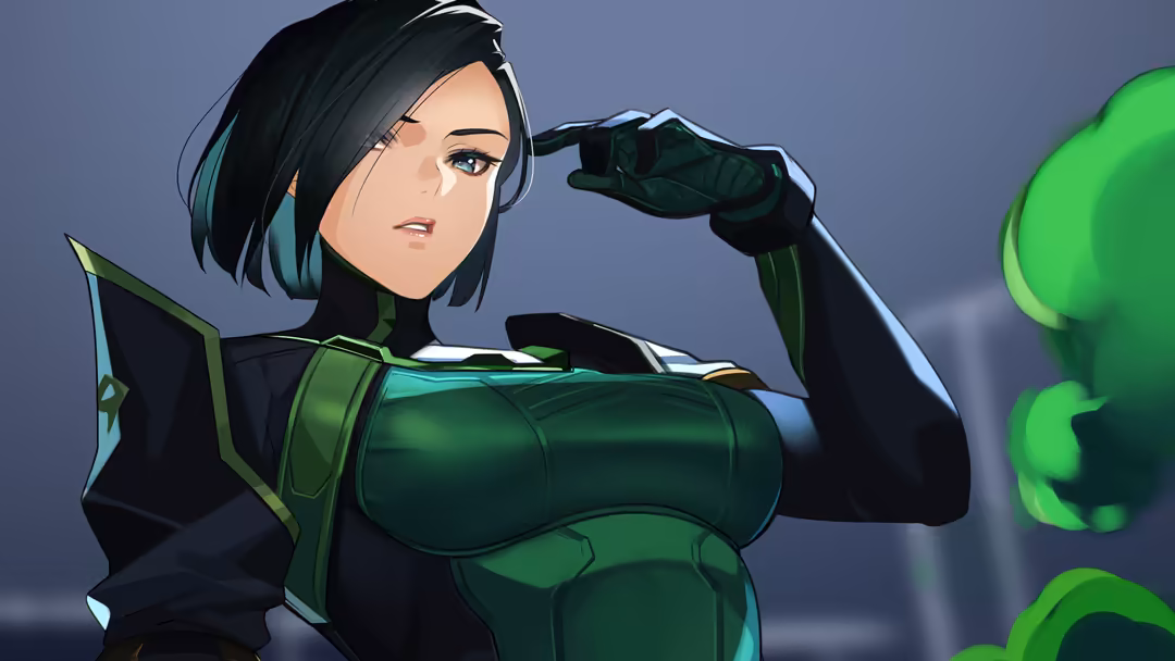 Anime-style female character with black hair and green tactical suit, adjusting sunglasses against blue backdrop with glowing