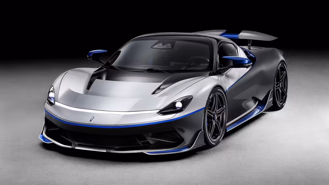 Silver and blue Pininfarina Battista Anniversario supercar with aerodynamic design, sleek profile, and distinctive blue racin