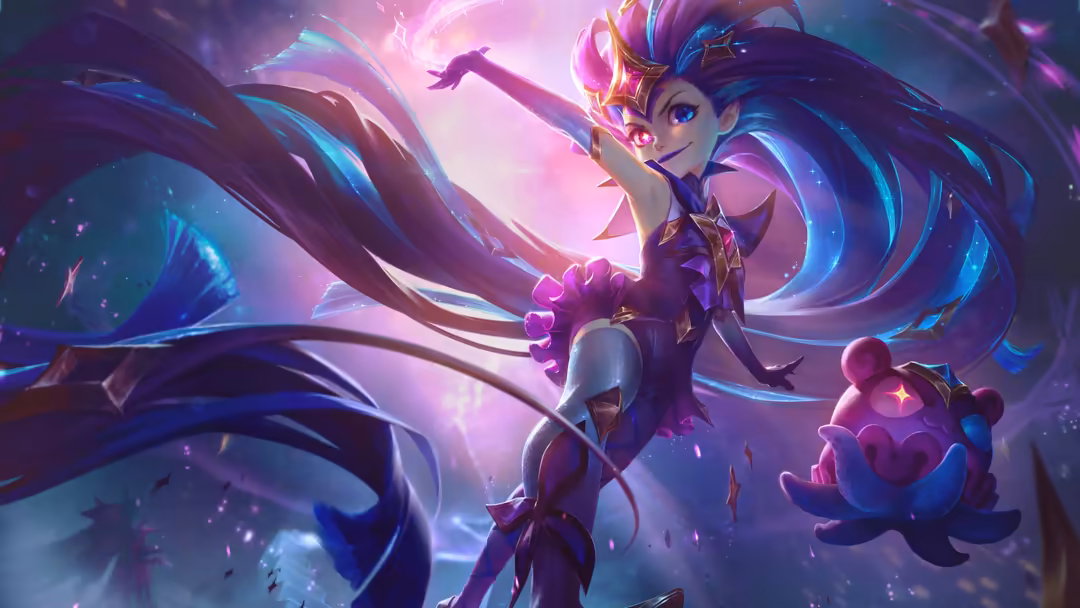 Animated character with flowing hair and magical energy, surrounded by glowing neon pink and blue effects with mystical ribbo