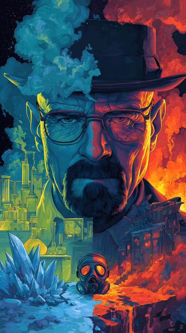 Stylized portrait split between turquoise and red neon, featuring a bearded man in glasses and hat with chemical structures a