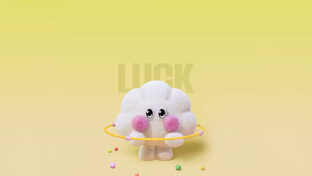 cute fluffy cloud character with large eyes and pink cheeks wearing a yellow hula hoop, surrounded by colorful spheres on a…