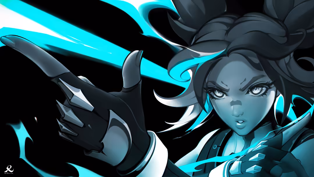Anime-style female character with cyan neon glow effects, black outfit with metallic details, intense expression, dynamic pos