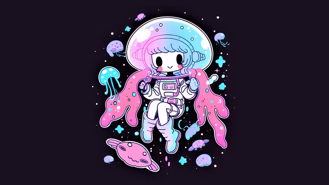 Cute cartoon astronaut in a jellyfish-shaped helmet surrounded by pink tentacles, jellyfish, and cyan stars on a dark…