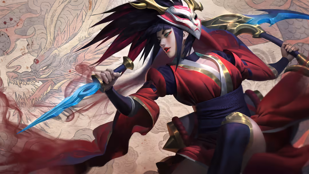 Anime warrior character Akali in red armor with blue weapon, ornate mask, dynamic pose against patterned background
