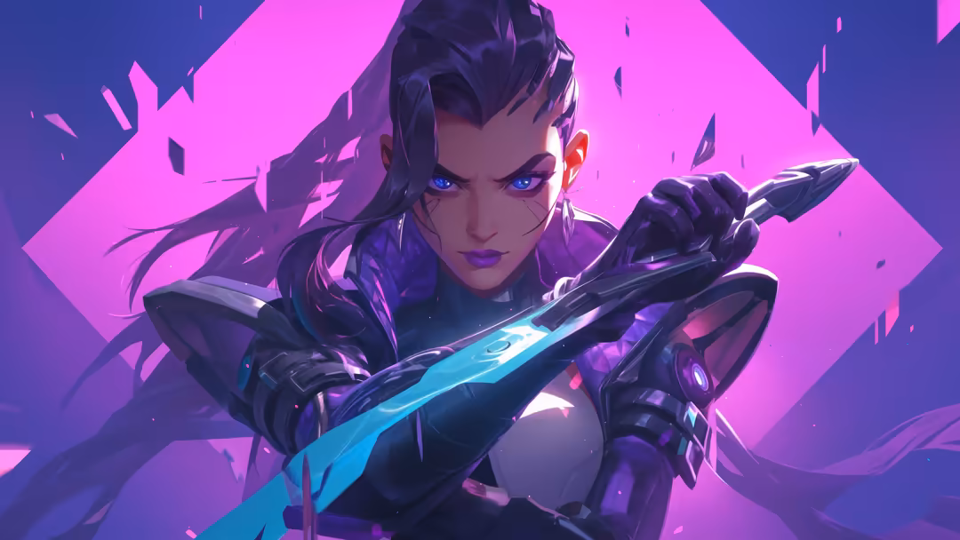 Futuristic warrior character with glowing blue weapon and pink neon background, cyberpunk gaming art with dynamic pose