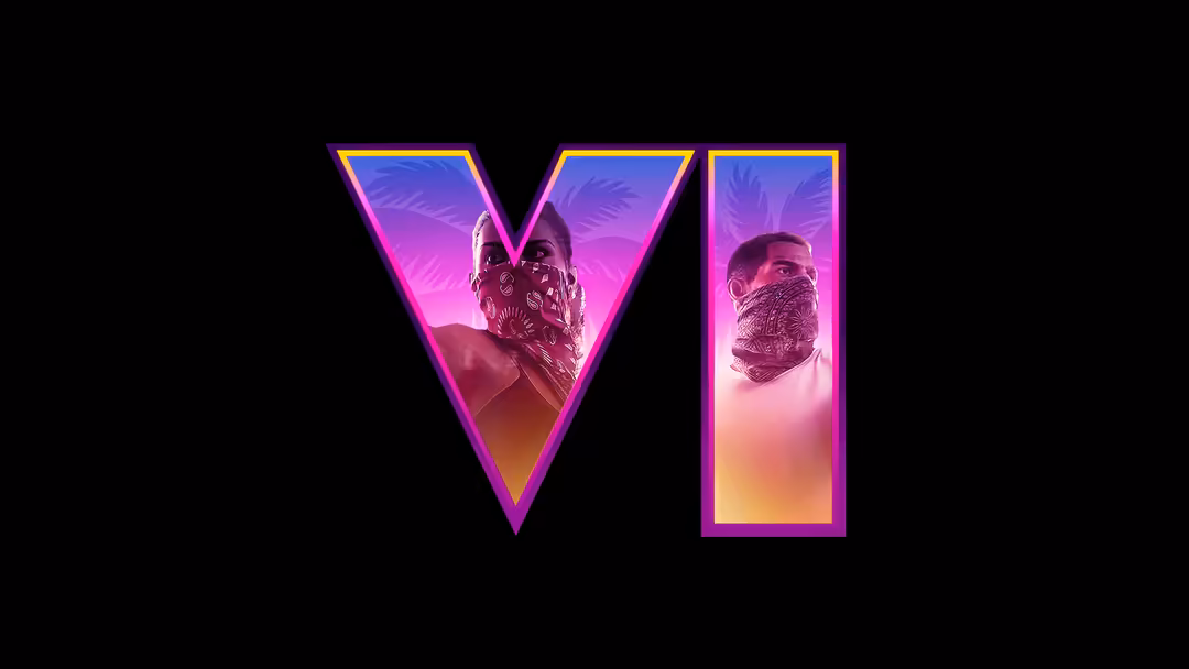 Neon-outlined VI letters with glowing magenta and gold gradient, featuring masked figures against dark sky with palm tree sil