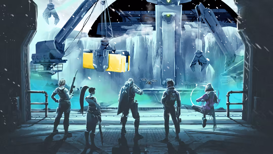 Five tactical agents stand ready in a futuristic icy base with glowing cyan and yellow accents, preparing for combat mission