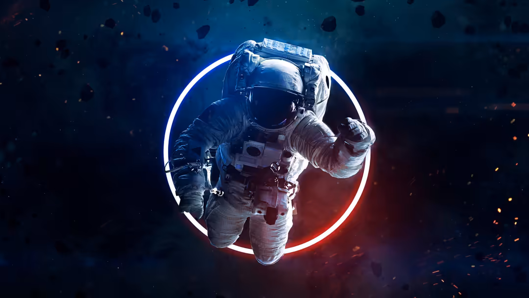 Astronaut in spacesuit surrounded by glowing neon blue and red circular light with floating particles against dark cosmic bac