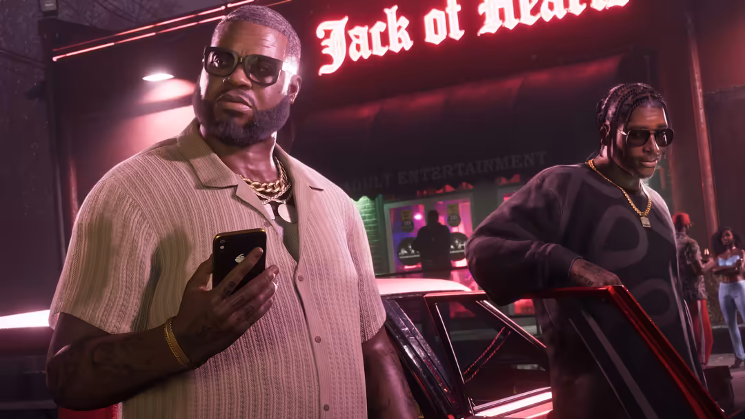 Two stylish characters in neon-lit urban setting with glowing red signs, sunglasses, gold chains, and futuristic nightlife at
