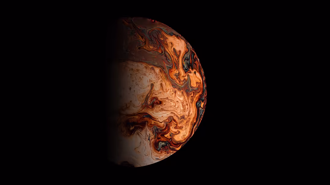 Abstract brown and orange marbled sphere with swirling liquid patterns against a dark black background, creating a minimalist