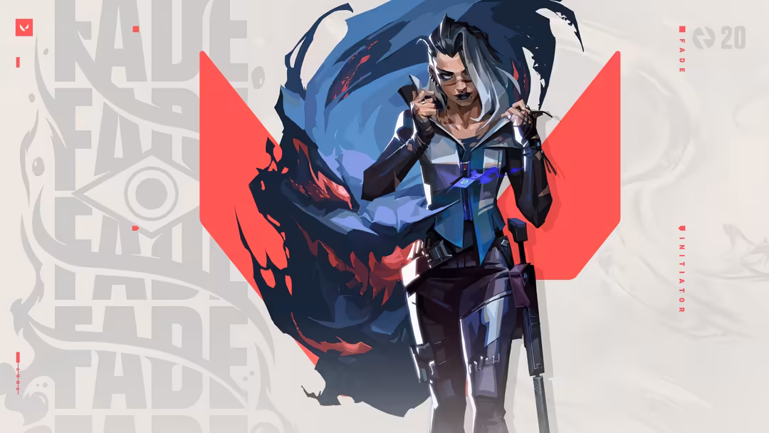 Fade character from Valorant with blue and red radiant design, tactical gear, and confident pose against geometric background