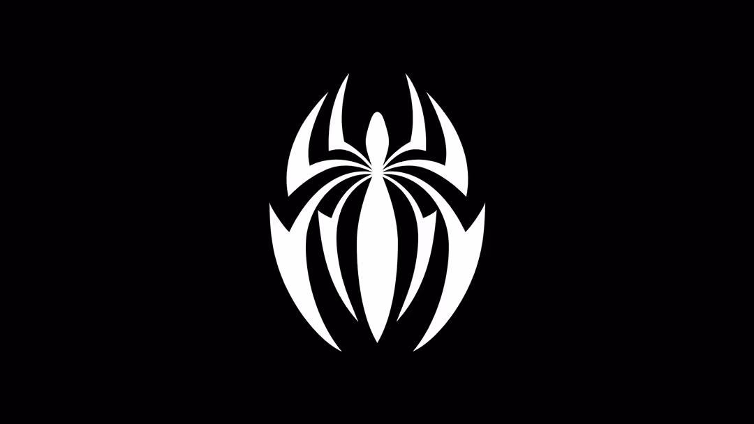 Minimalist white spider symbol with ornate web design on pure black background, creating striking contrast.