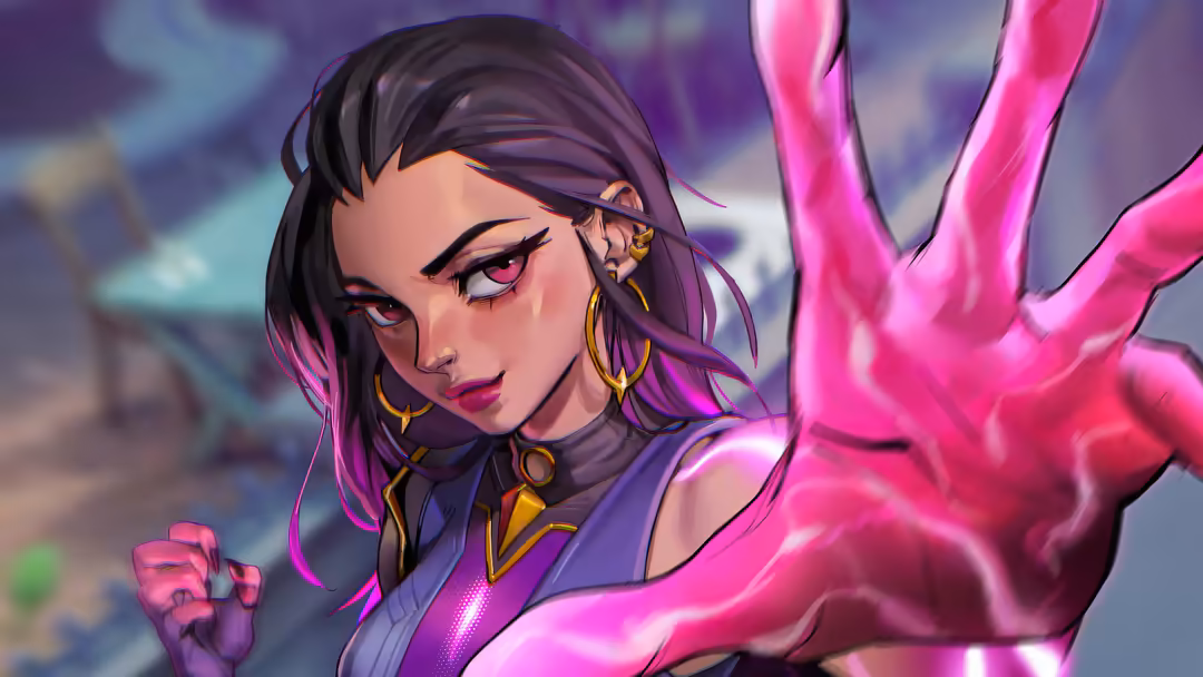 Anime-style character Reyna from Valorant with neon pink magical energy, purple tones, and gold jewelry accessories against b