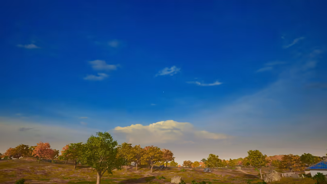 Rural countryside landscape with scattered trees under blue sky with white clouds, featuring golden-hour lighting typical of