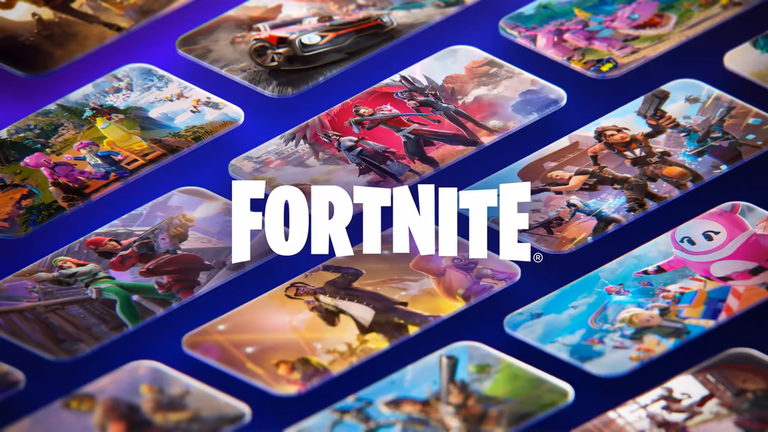 Fortnite game interface displaying multiple character skins and gameplay scenes on blue background with colorful mobile phone