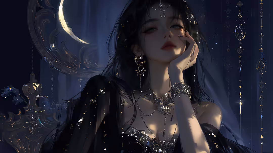 Ethereal girl with long dark hair and ornate jewelry gazes downward under moonlight in a dark blue night setting adorned with