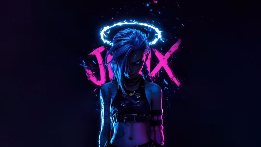 Neon-lit character with blue glowing halo and magenta X letters on dark background, cyberpunk aesthetic with glowing outlines