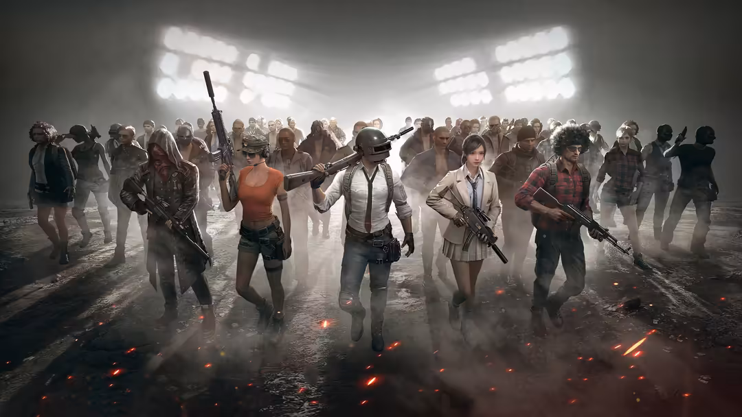 Armed survivors standing together in heavy smoke and dust with glowing embers, dramatic lighting from above, post-apocalyptic