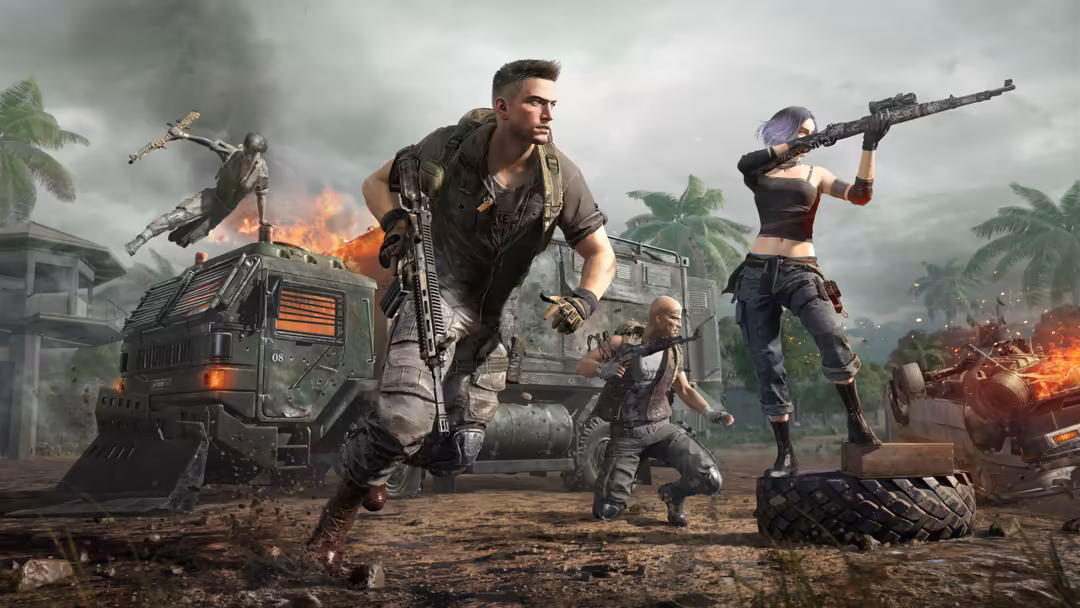 Armed soldiers in tactical gear engage in combat on a tropical island with burning vehicles, weapons, and explosions in the b