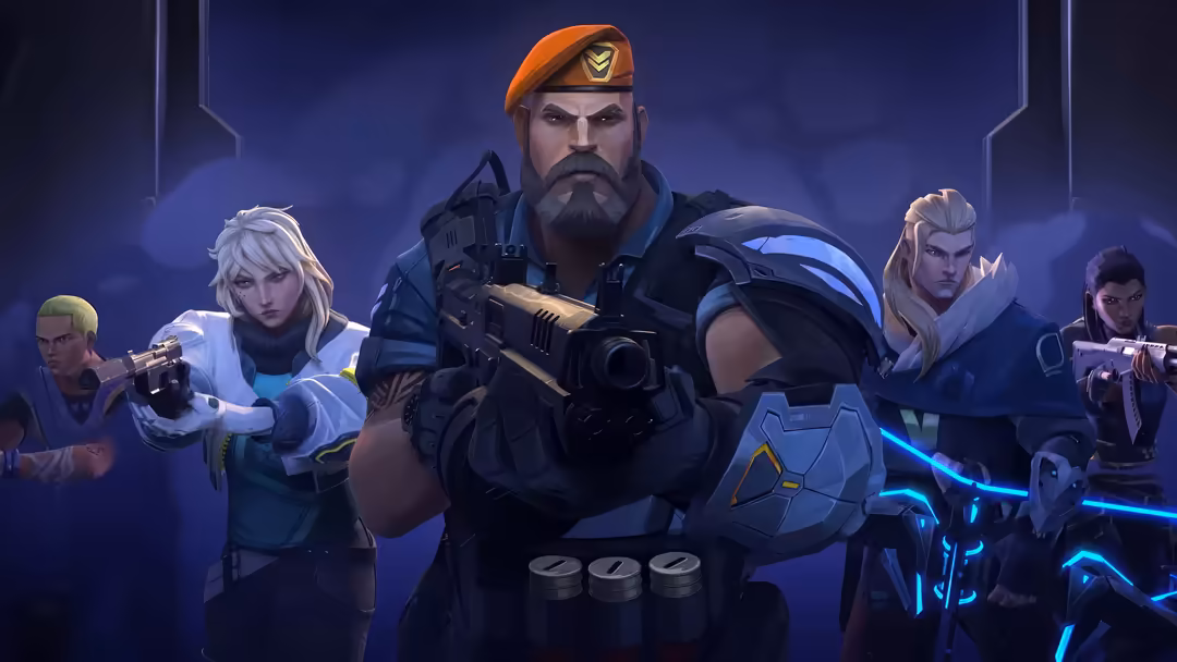 Tactical team of armed agents led by Brimstone in center with orange beret, surrounded by Sova and other teammates against pu