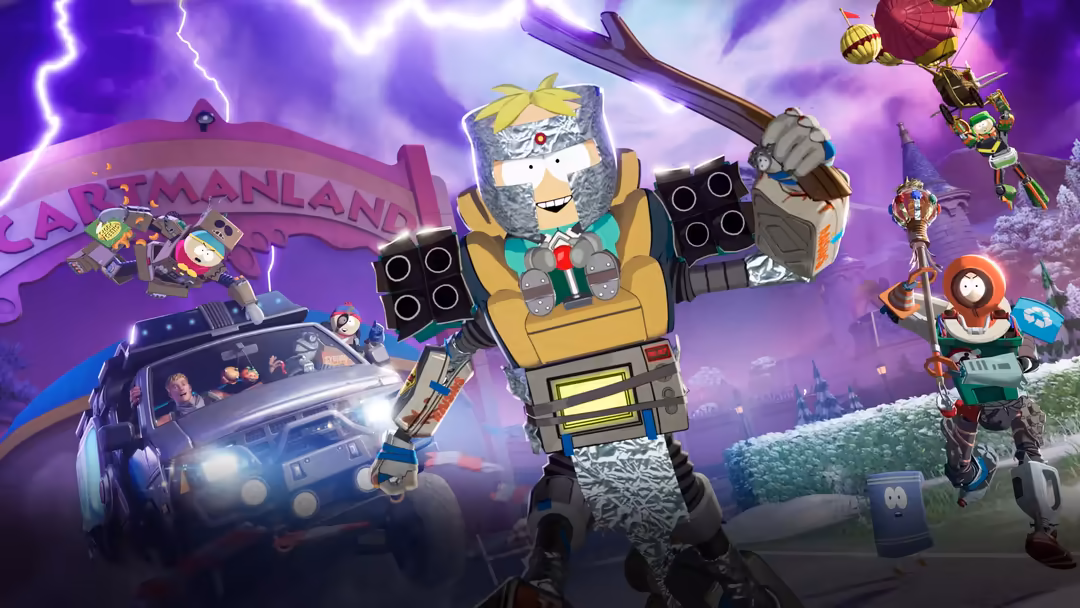 Fortnite characters in action with vehicles, weapons, and explosive effects during an intense battle royale match