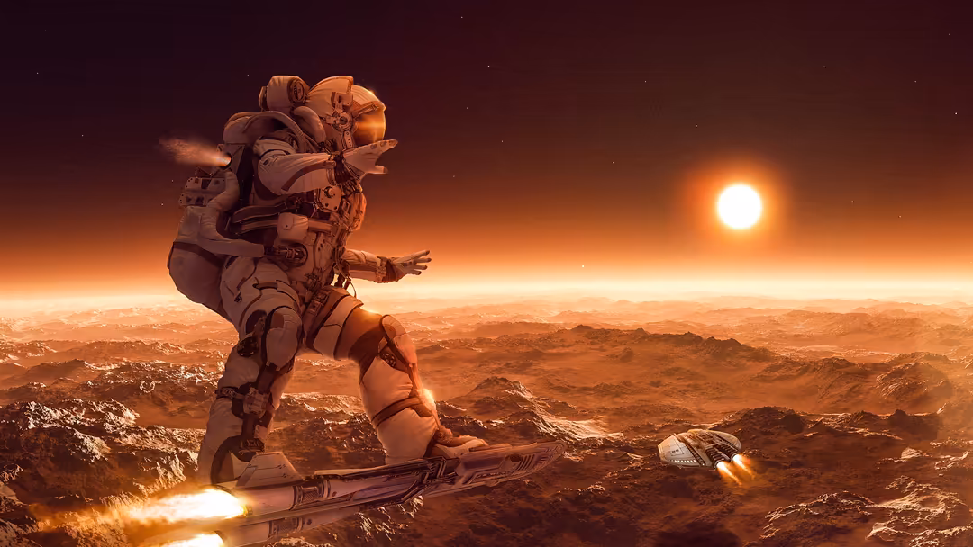 Astronaut in spacesuit standing on Mars surface with rocky terrain, bright sun in orange sky, and spacecraft nearby